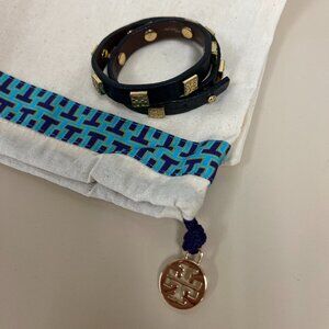 Tory Burch Black Leather Bracelet Wrap with gold tone metal, drawstring bag